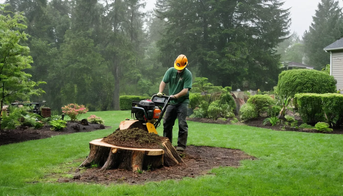 A stump grinder cutting down a tree stump in a residential yard in Lakewood